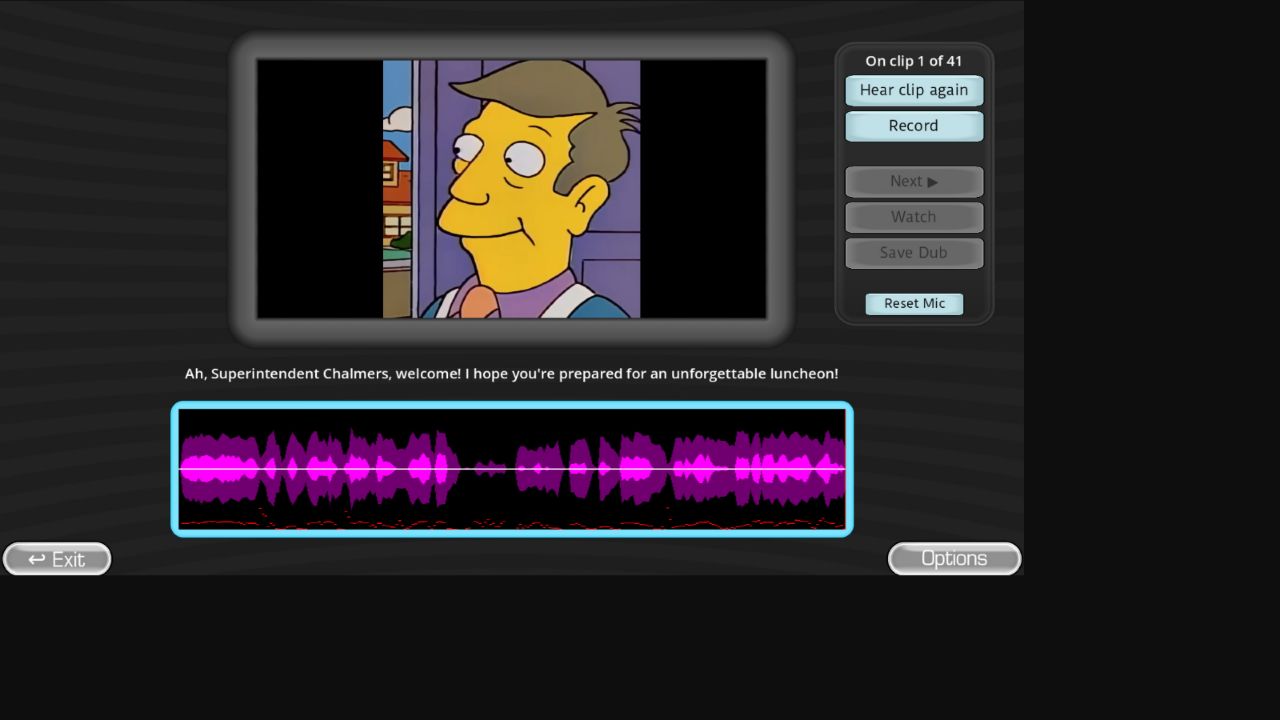 Real Choicer Voicer Dub Mode recording screen showing the video, clip counter, Hear clip again, Record, Next, Watch, Save Dub, Reset Mic, caption and waveform