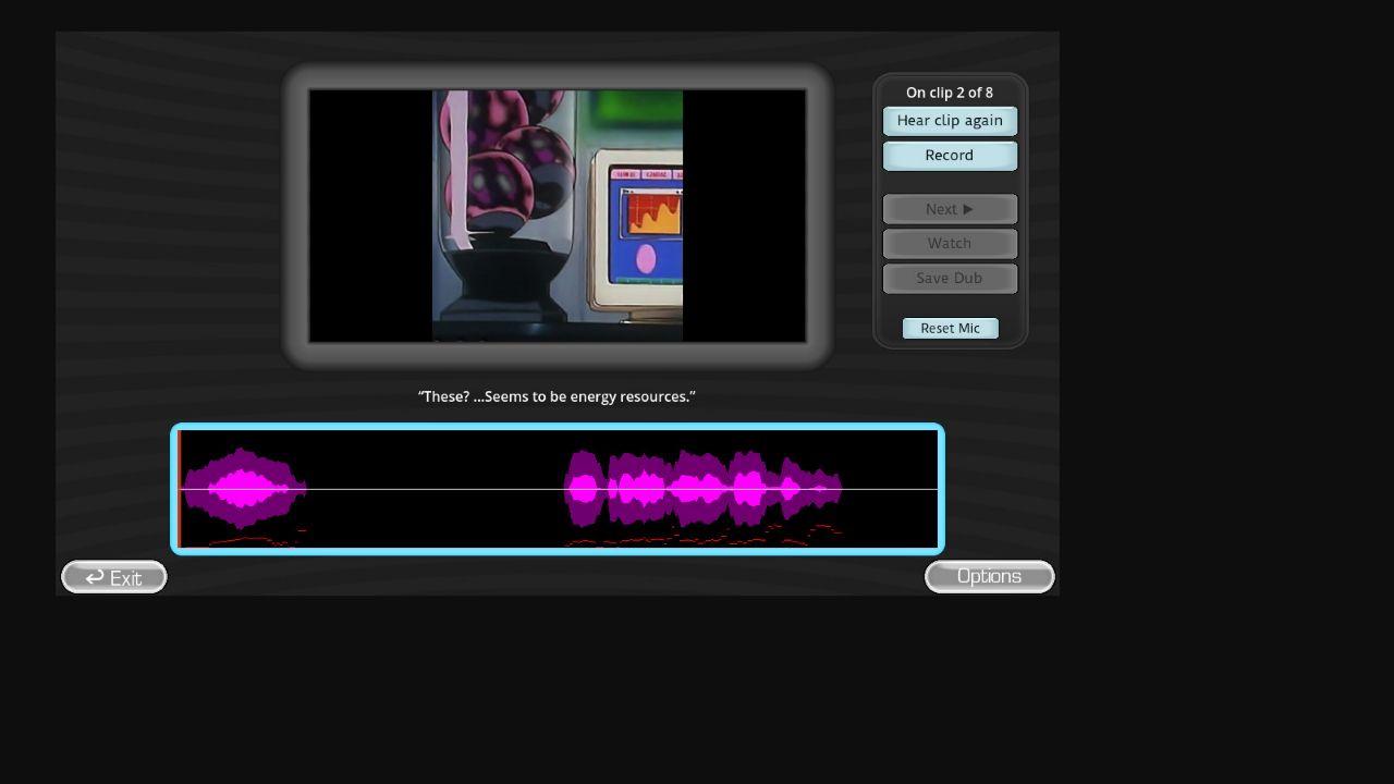 Real Choicer Voicer Dub Mode screen showing clip progress, source video, caption, waveform and recording controls