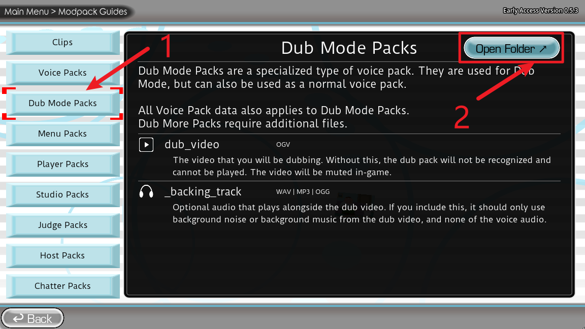 Choicer Voicer Dub Mode Packs guide with Open Folder highlighted