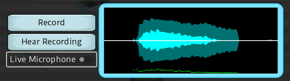 A close real screenshot of the Mic Test panel with Record, Hear Recording, Live Microphone, and recorded waveform controls.