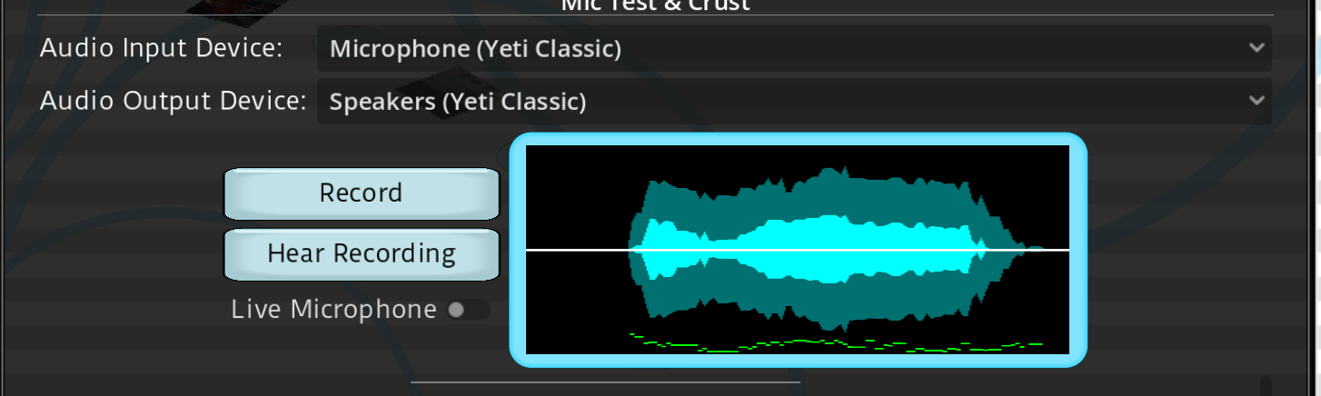 The Choicer Voicer Mic Test screen showing selected audio input and output devices, Record and Hear Recording buttons, Live Microphone, and a visible waveform.
