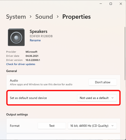 Cropped Windows 11 Sound properties screen showing an output device format set to 16 bit, 44100 Hz CD Quality.