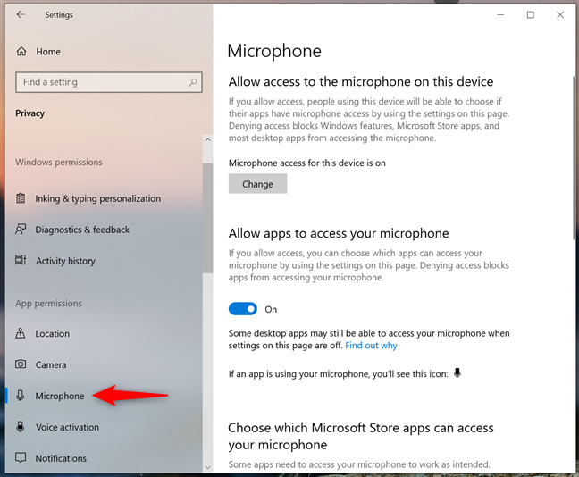 Windows 11 Privacy and microphone settings showing microphone access enabled for the device and apps.